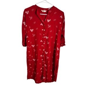 Lyrus Red Leaf Print Button Down Shirt Dress L Mandarin Collar Roll Tab Sleeve